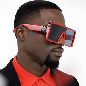 Mens Oversized Square Shield Sunglasses Red Flat Top Bold Fashion Shades Hip Hop